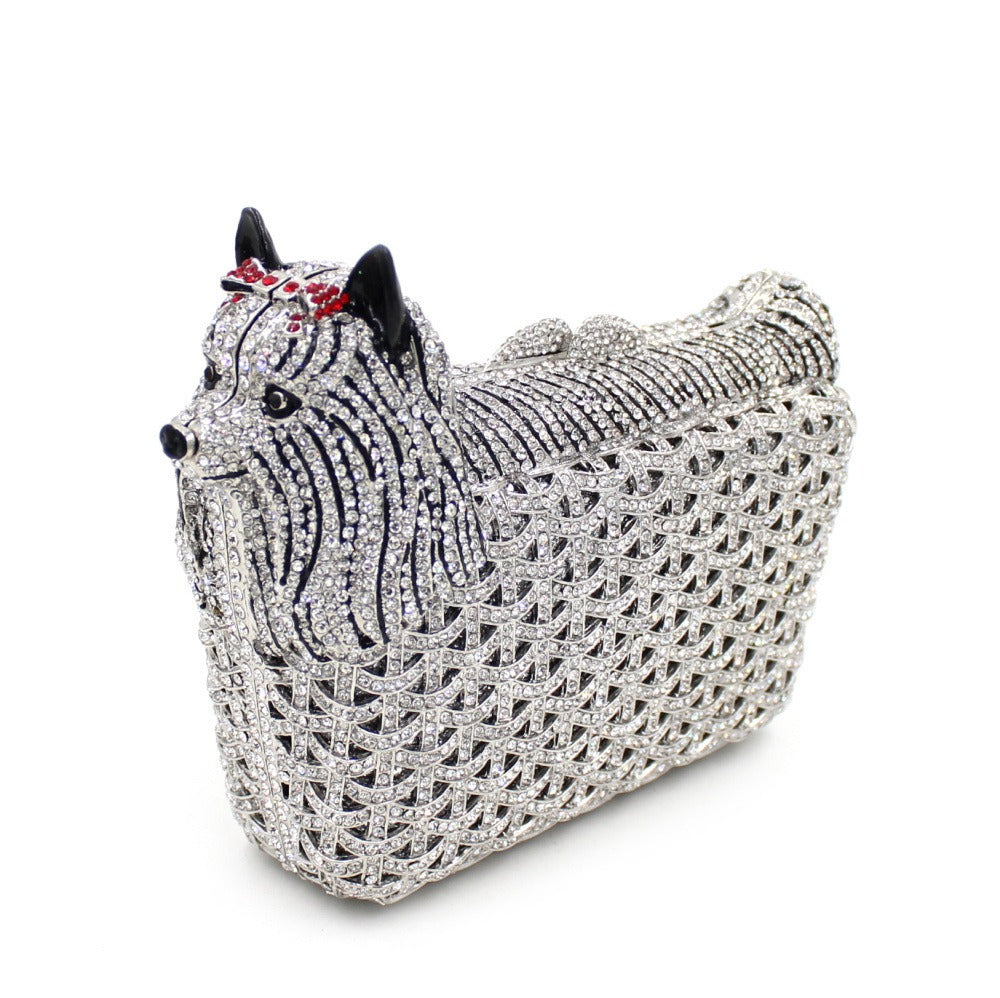 Puppy rhinestone bag, hollow metal crystal dinner bag, handmade diamond inlaid bag, women's hand-held bag