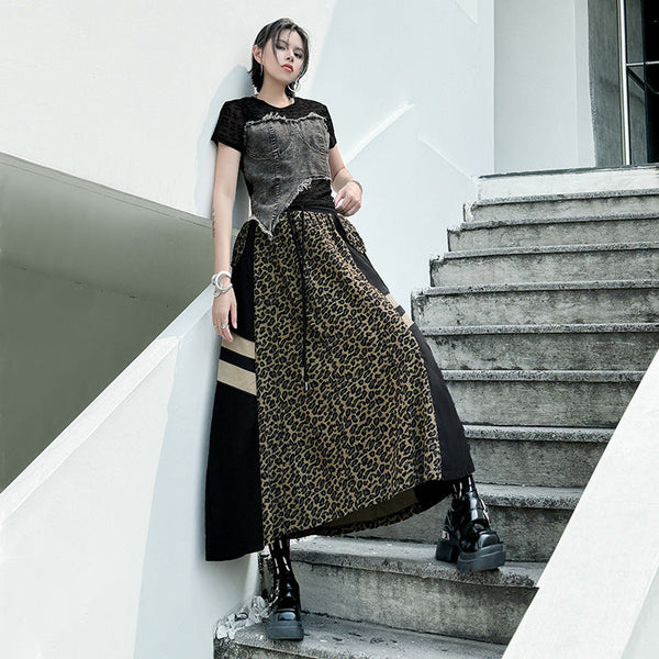 Retro camouflage leopard print denim high waisted skirt