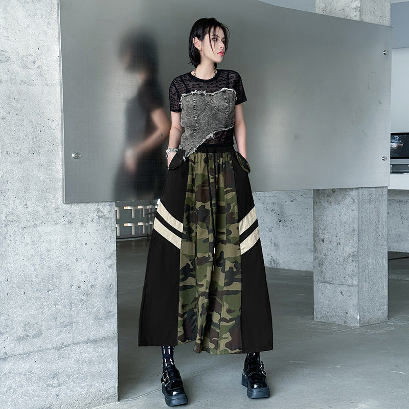 Retro camouflage leopard print denim high waisted skirt