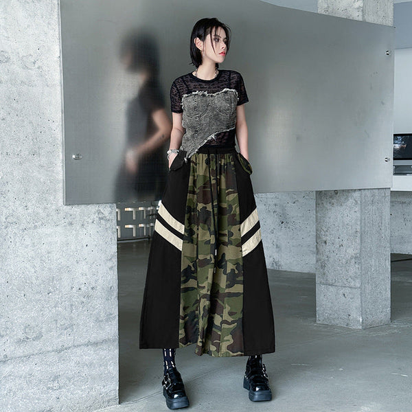 Retro camouflage leopard print denim high waisted skirt