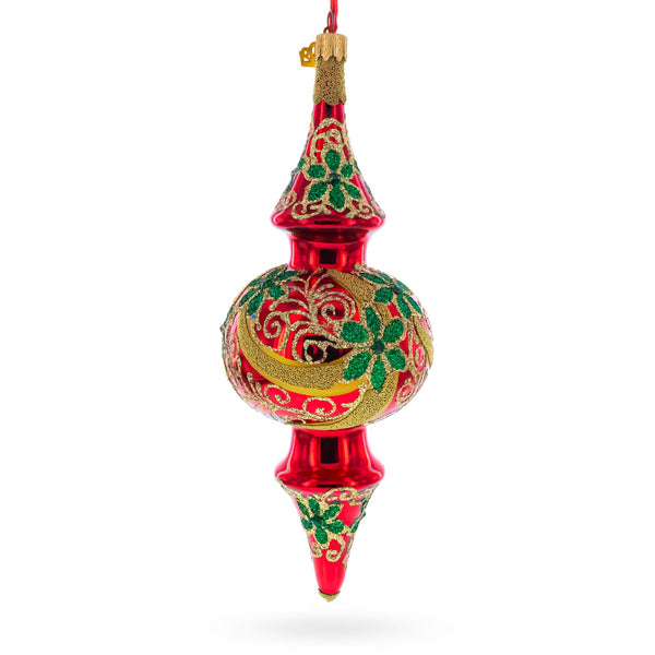 Holly & Gold Scroll Double-Ended Finial Drop Glass Christmas Ornament