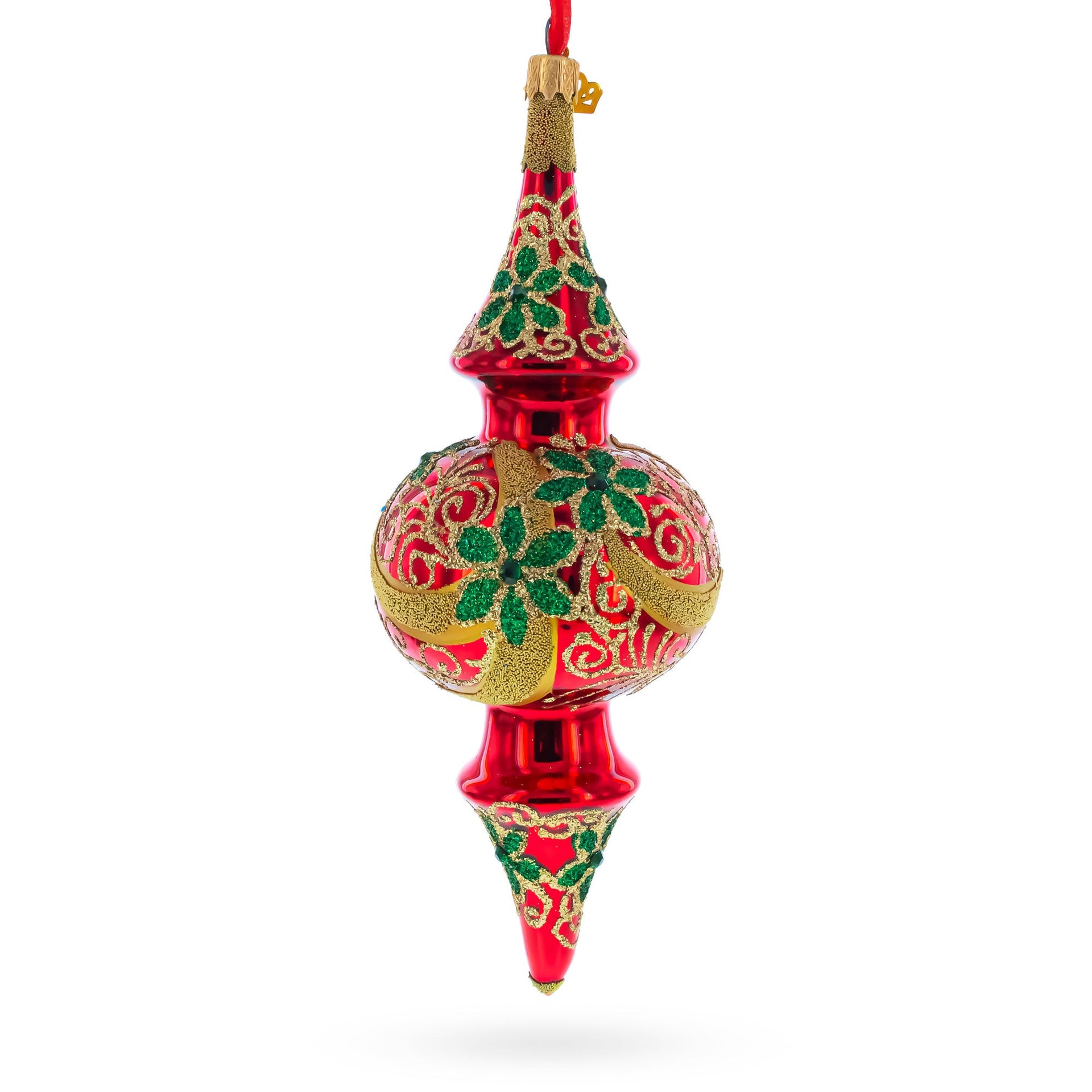 Holly & Gold Scroll Double-Ended Finial Drop Glass Christmas Ornament