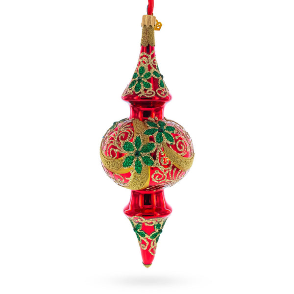 Holly & Gold Scroll Double-Ended Finial Drop Glass Christmas Ornament
