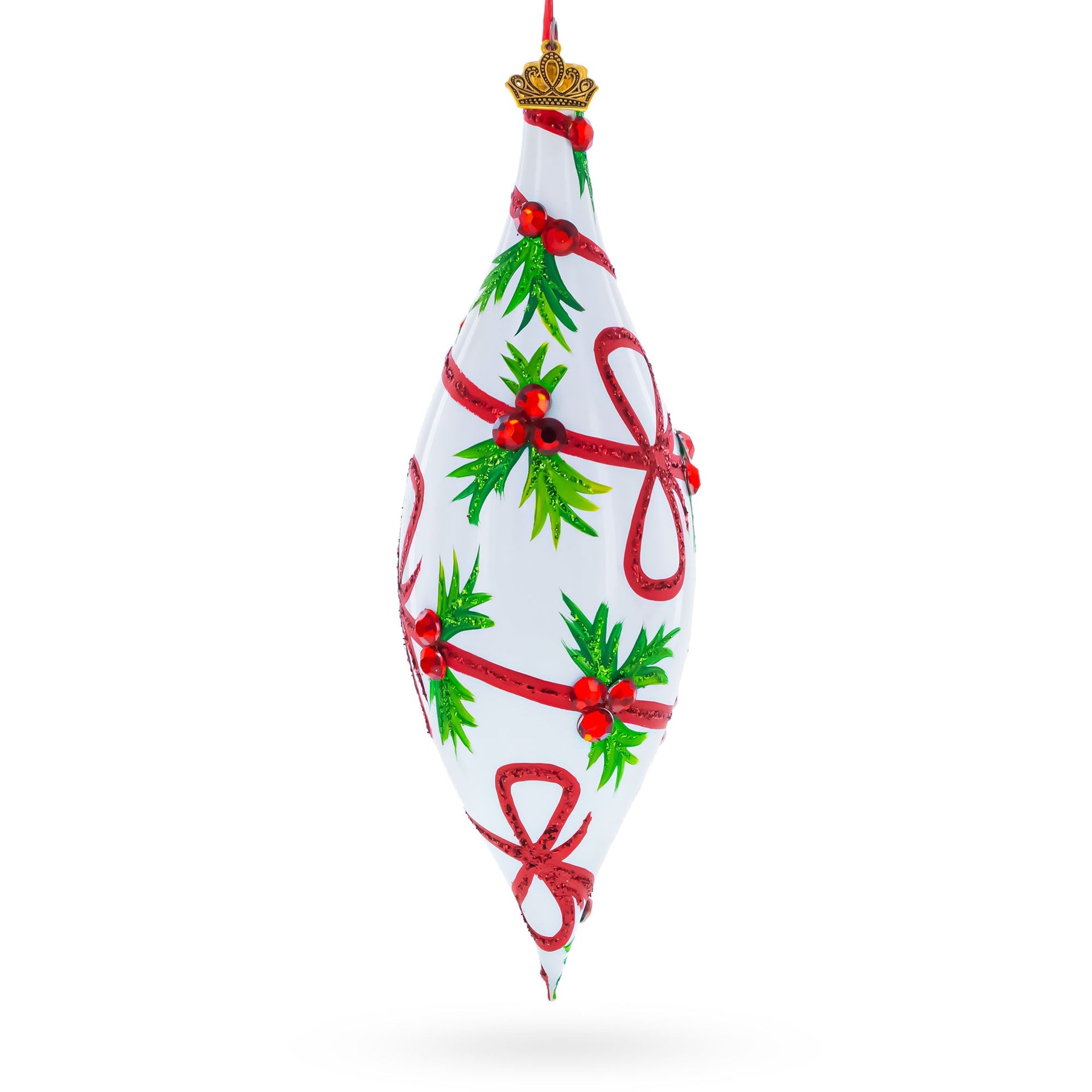 Holiday Ribbon on White Elongated Pointed Teardrop Finial Glass Christmas Ornament