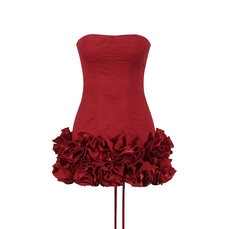 Sexy European and American style dress with strapless shoulder and fashionable three-dimensional flower splicing short dress