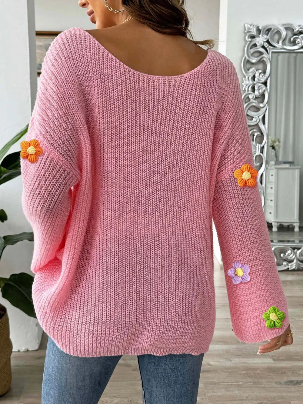 Simple and loose one neck off shoulder flared sleeve sweater