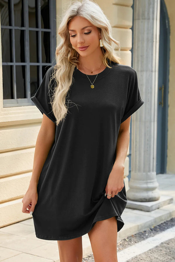 Solid color round neck pocket loose short sleeved dress
