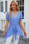Solid color V-neck lace patchwork loose short sleeved dress