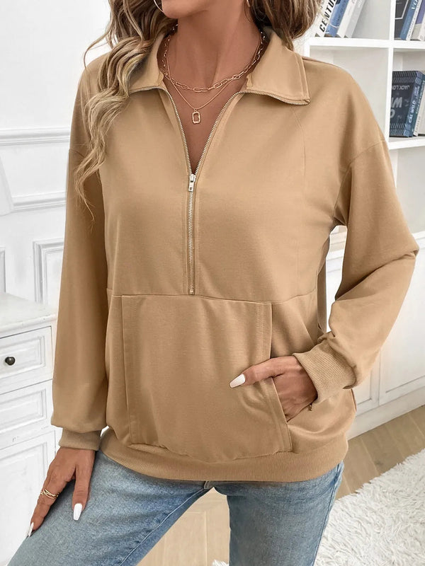 Solid color zipper pocket long sleeved lapel sweatshirt