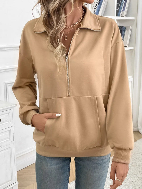 Solid color zipper pocket long sleeved lapel sweatshirt