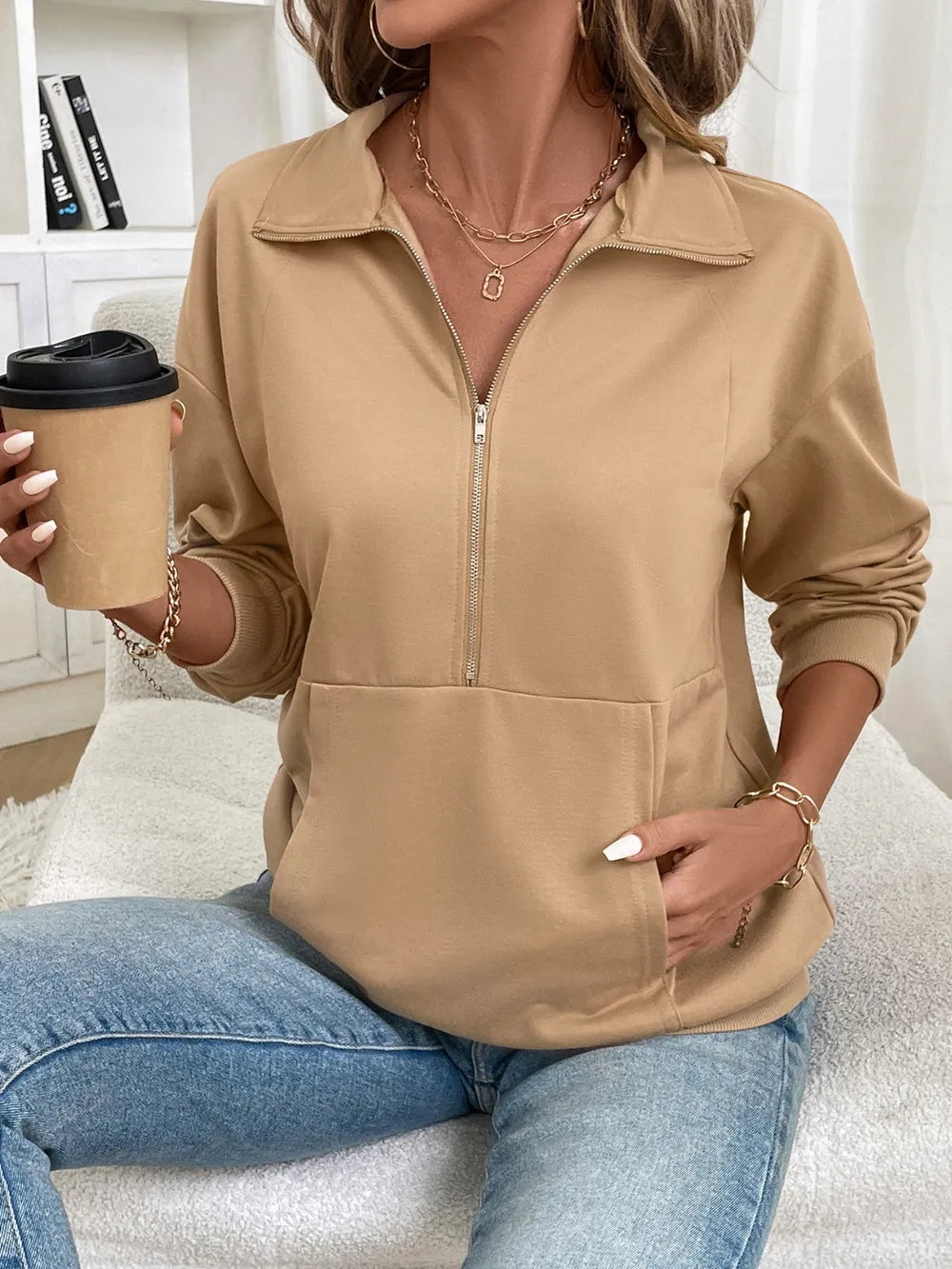 Solid color zipper pocket long sleeved lapel sweatshirt