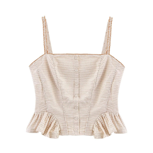 Stacked decorative plaid top+skirt set for women