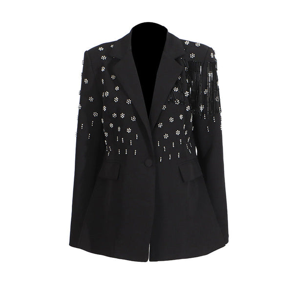 Temperament solid color small suit personality nail diamond tassel design suit jacket for women