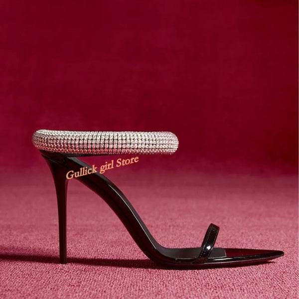 Top Quality Crystal Strap Stiletto Sandals Sexy Pointed Toe Black Patend Leather Slip On Fashion   Summer New Arrivals Shoes