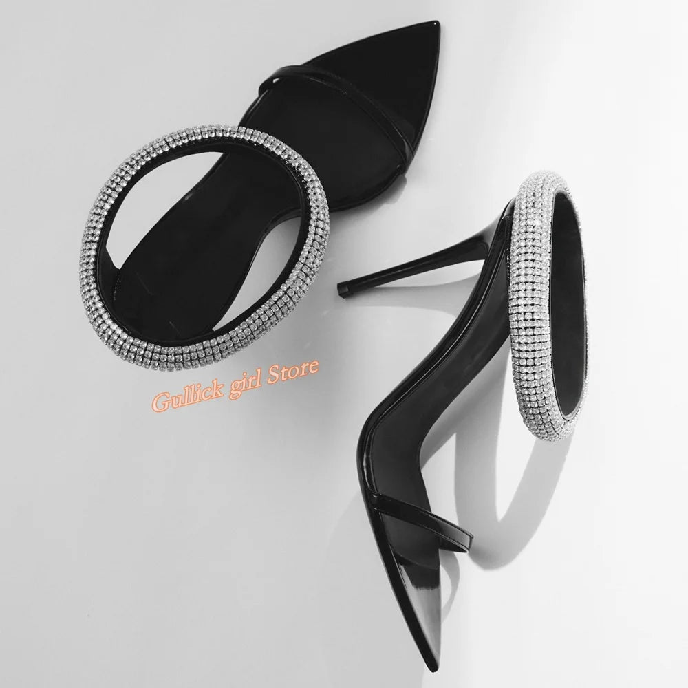 Top Quality Crystal Strap Stiletto Sandals Sexy Pointed Toe Black Patend Leather Slip On Fashion   Summer New Arrivals Shoes