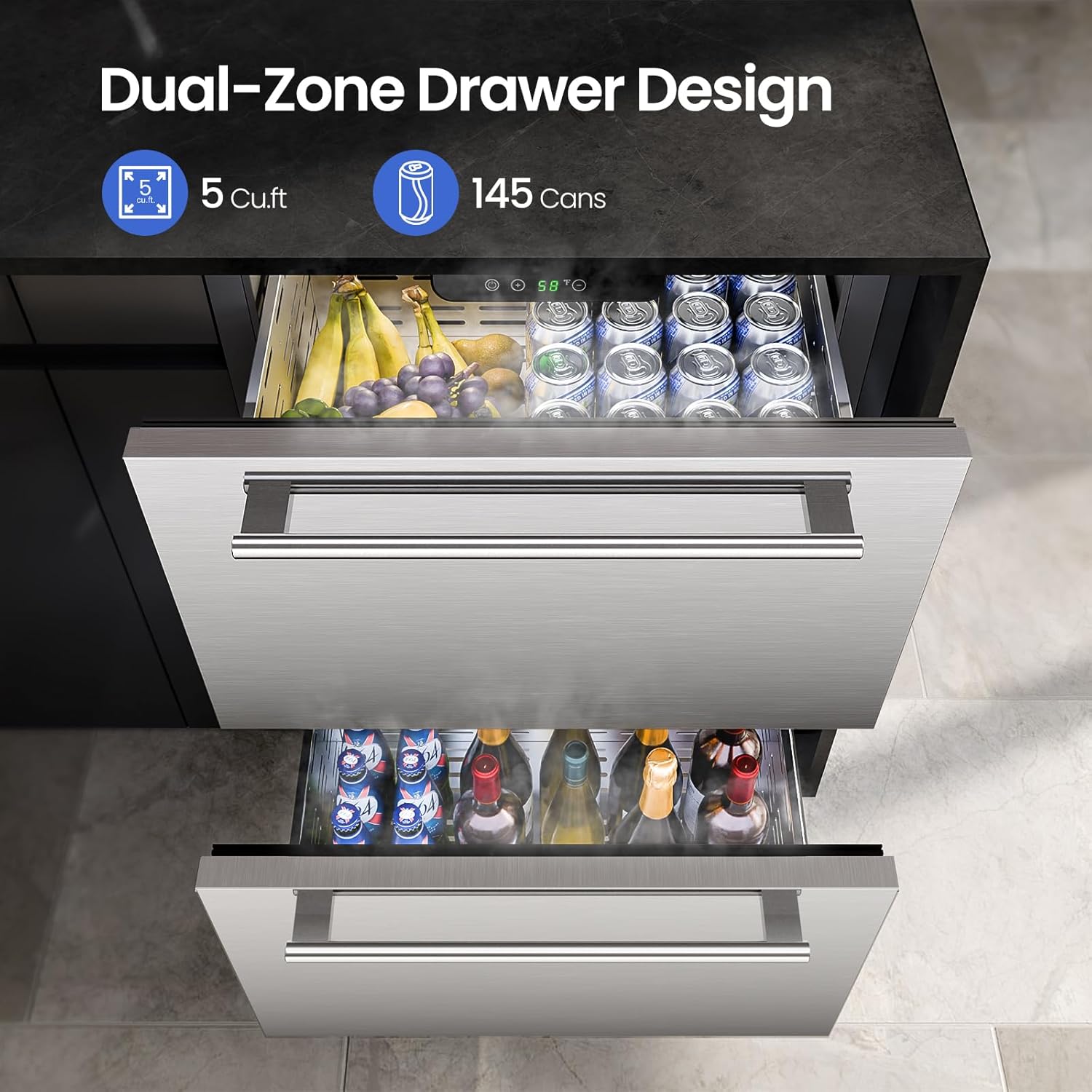 Under Counter Refrigerator, 24 Inch Double Drawer Beverage Fridge F58145