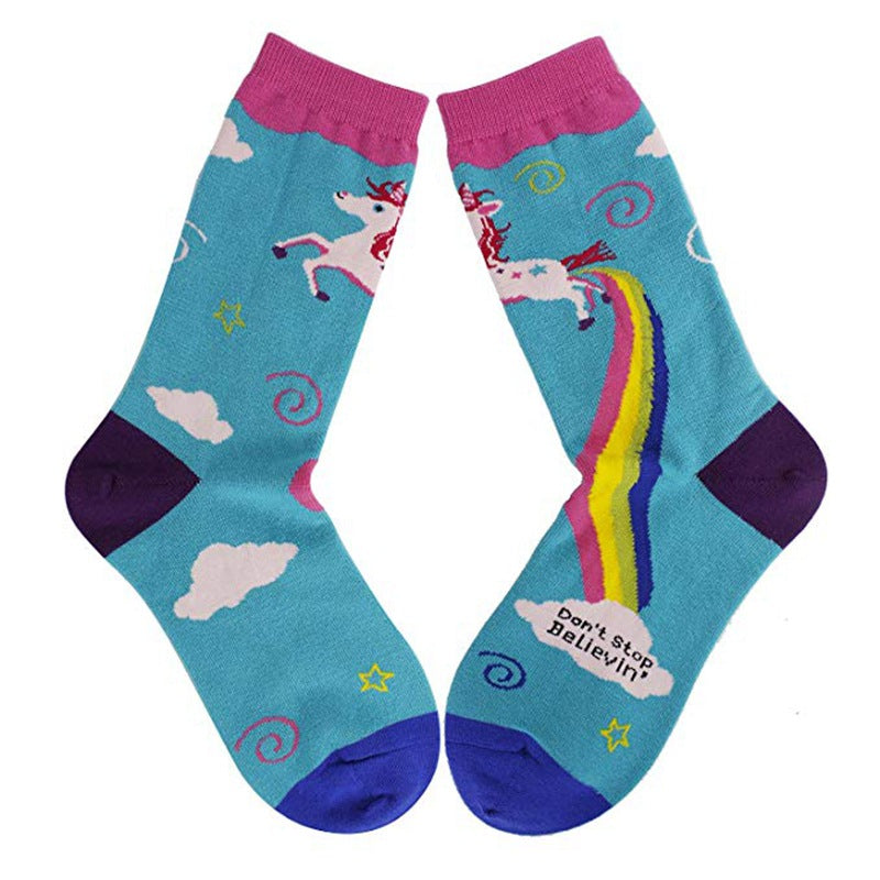 Unicorn Rainbow Printing Autumn And Winter Leisure In The Tube Sports Holiday Gift Socks
