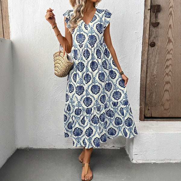 Vacation style loose deep V-neck printed long dress
