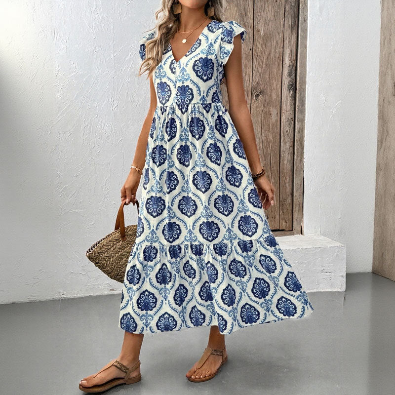 Vacation style loose deep V-neck printed long dress