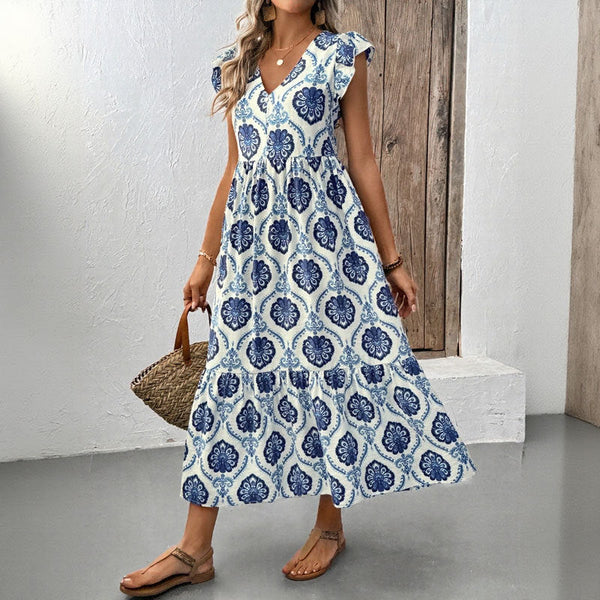 Vacation style loose deep V-neck printed long dress