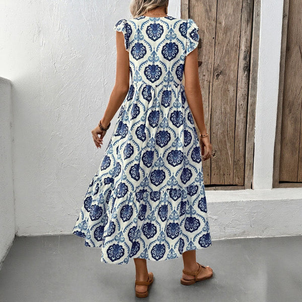 Vacation style loose deep V-neck printed long dress