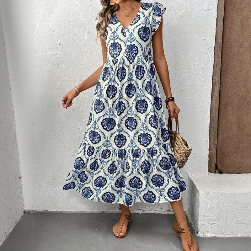 Vacation style loose deep V-neck printed long dress