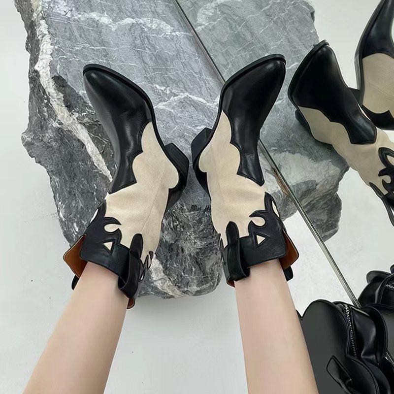 Western Cowboy Boots Summer Thin Women's Korean Fashion Splicing Pointed Retro Look Skinny Thick Heel Mid heeled Short Boots