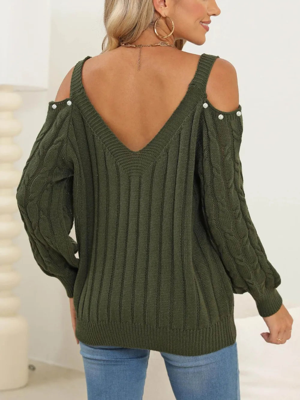Women's autumn and winter deep V sexy off shoulder loose pullover sweater top for women