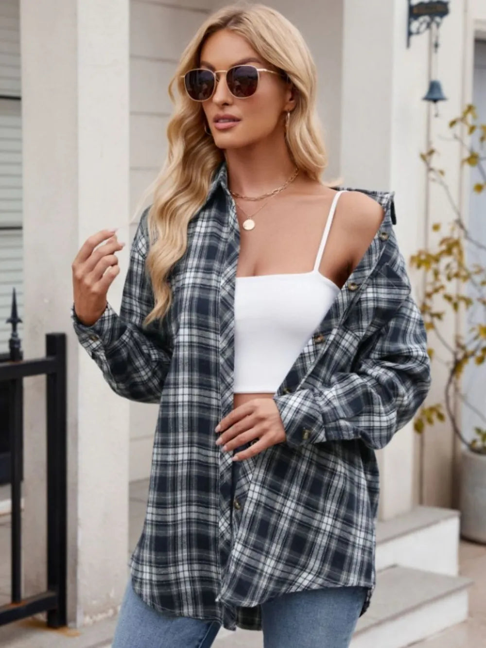 Women's casual fashion spicy girl loose checkered shirt for women