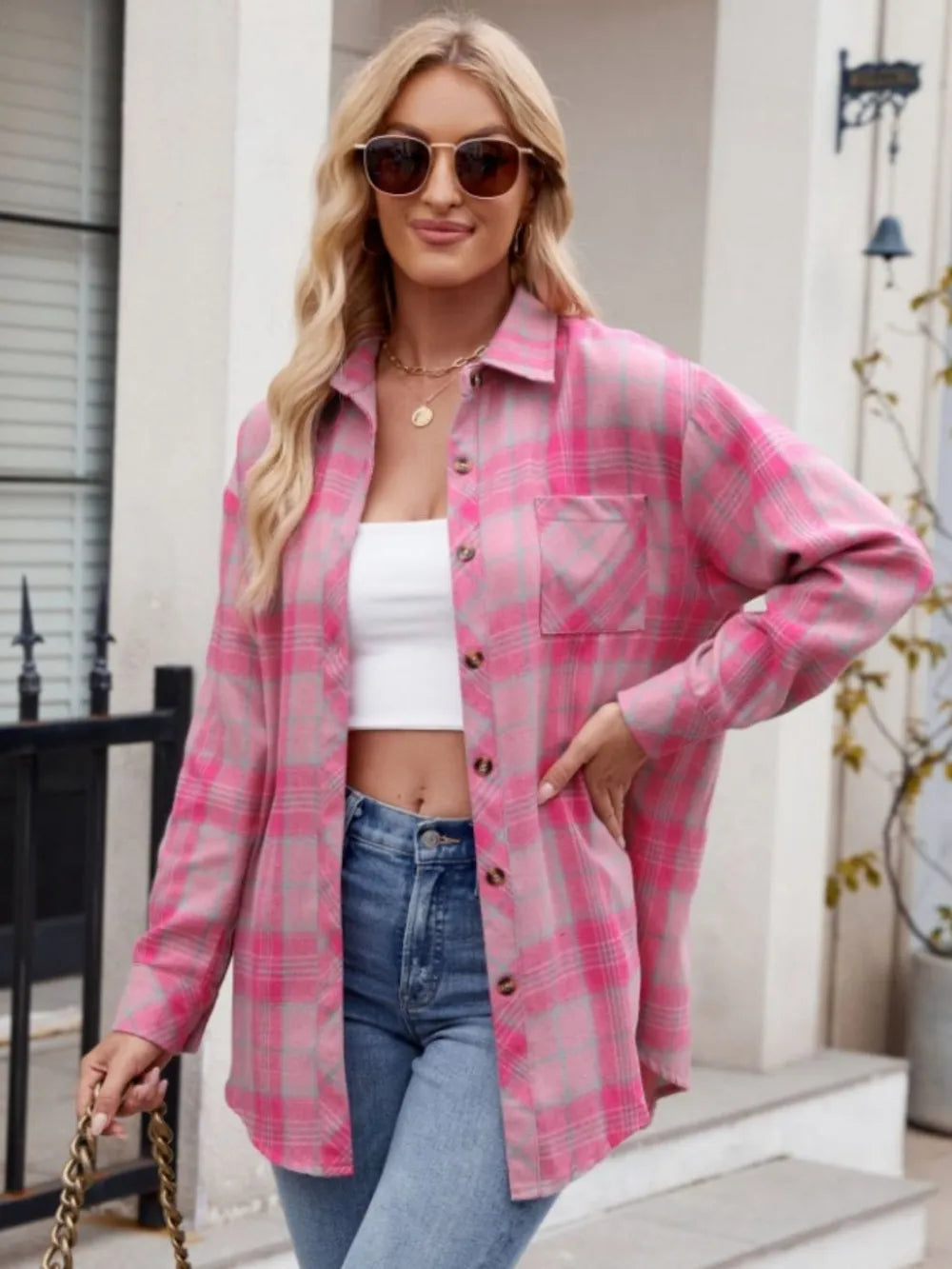 Women's casual fashion spicy girl loose checkered shirt for women