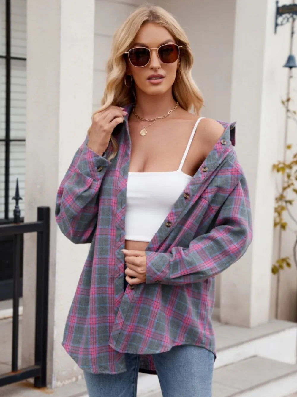 Women's casual fashion spicy girl loose checkered shirt for women
