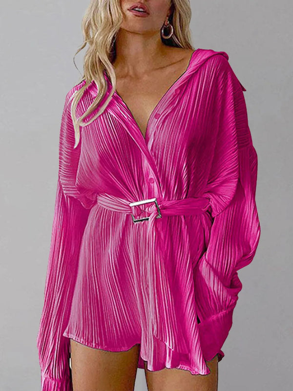 Women's new shirt collar fashionable women's elastic waist pleated long sleeved lace up dress