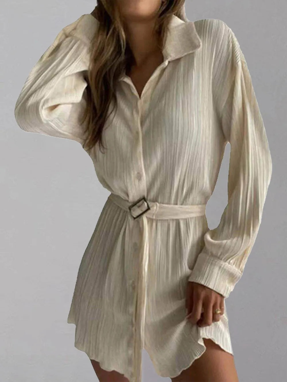 Women's new shirt collar fashionable women's elastic waist pleated long sleeved lace up dress