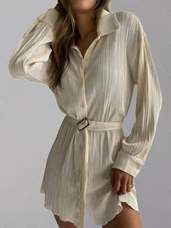 Women's new shirt collar fashionable women's elastic waist pleated long sleeved lace up dress