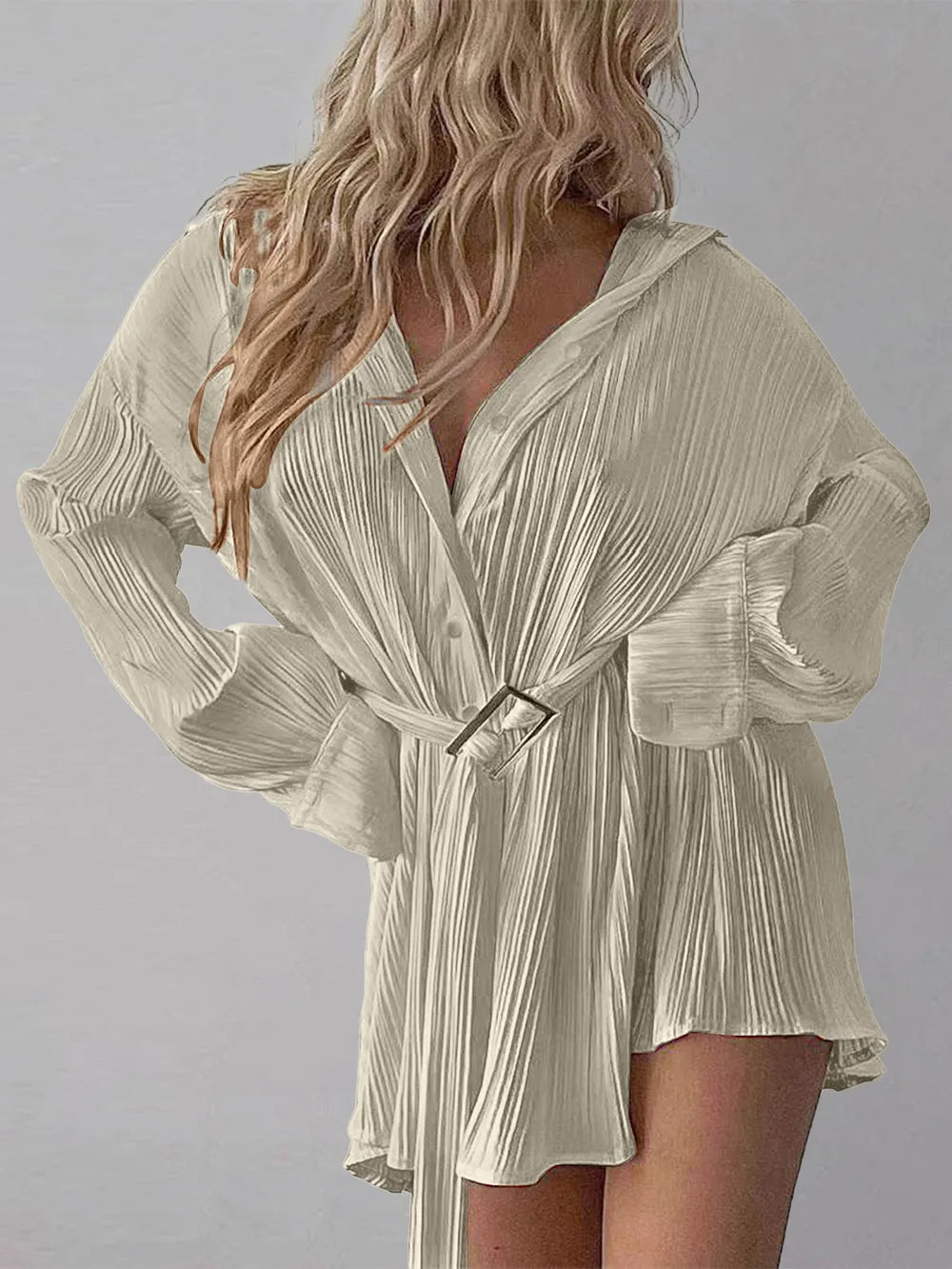 Women's new shirt collar fashionable women's elastic waist pleated long sleeved lace up dress