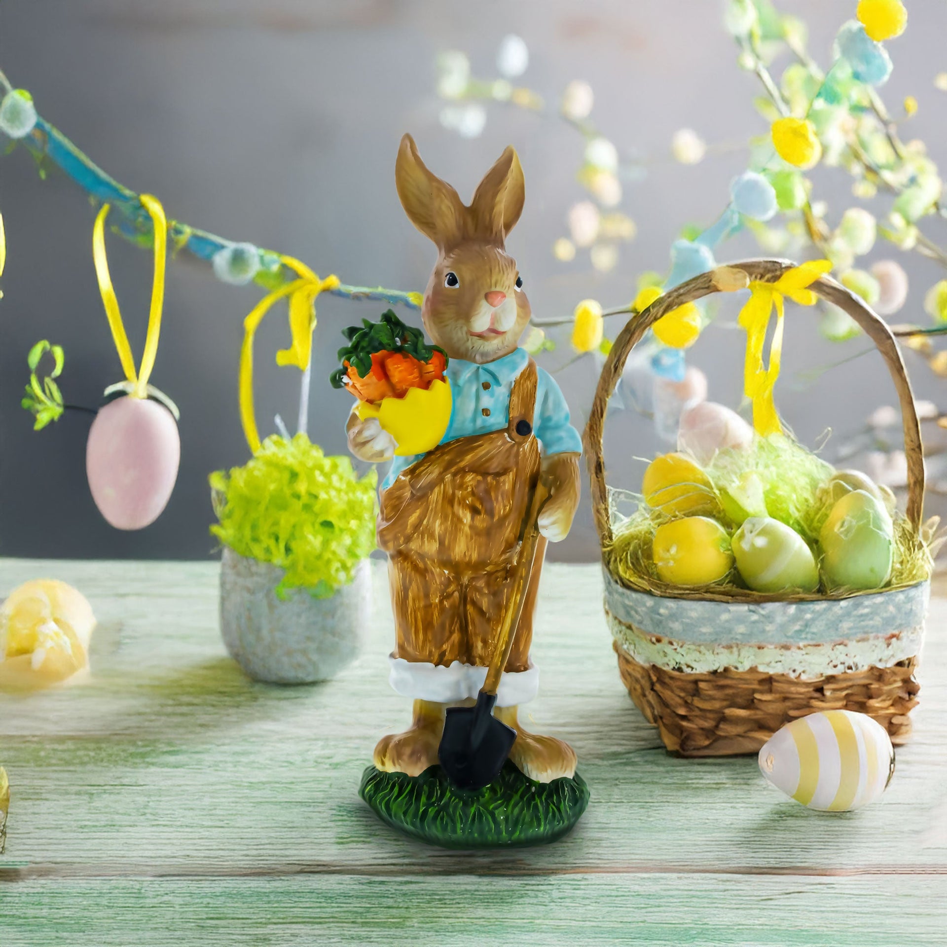 Hardworking Father Bunny with Carrots Basket and Shovel Figurine